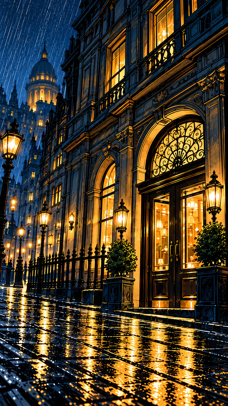 The warmly lit Gilded Hour restaurant on a rainy London night.